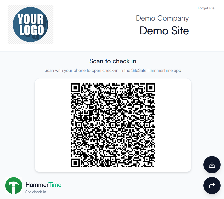 HammerTime demo site QR check-in screen