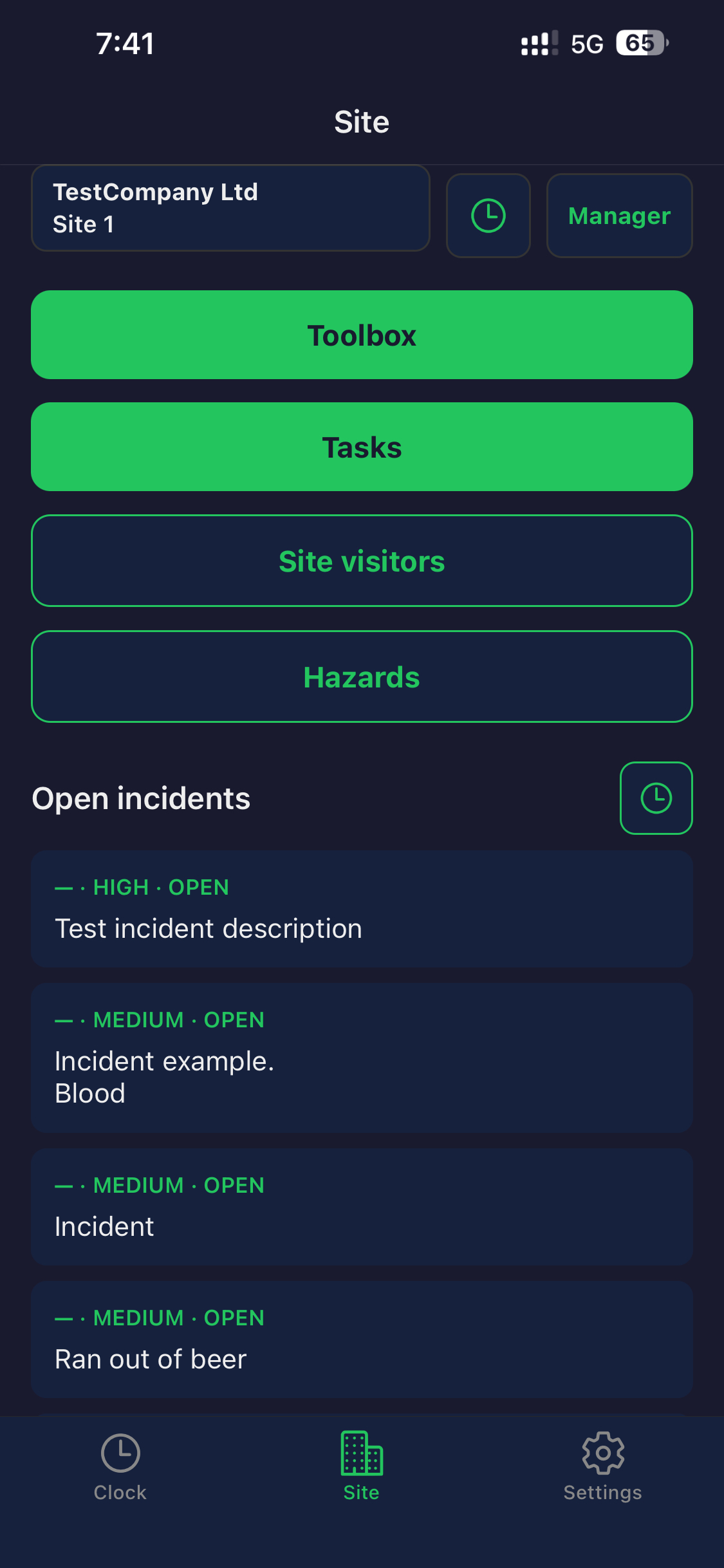 Manager site screen in the mobile app