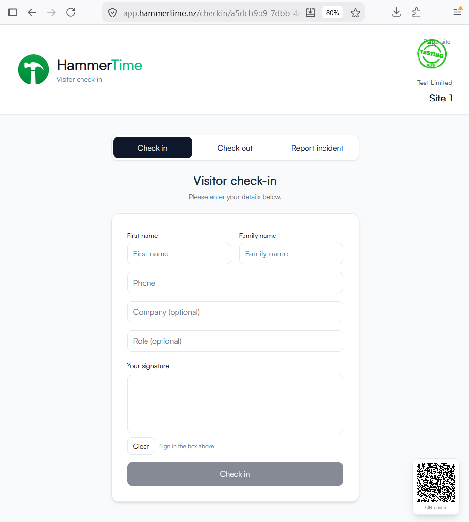 Guest visitor check-in screen on a mobile browser without requiring an app download